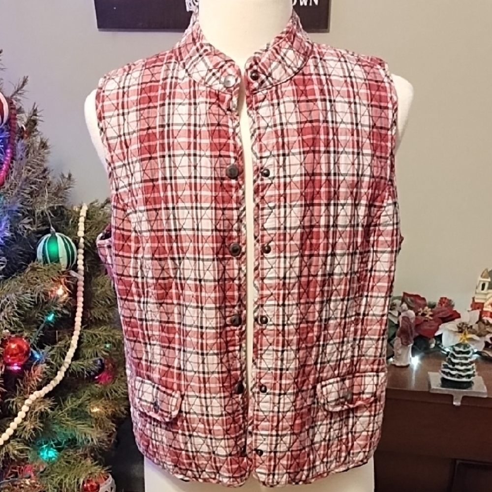 Christopher & Banks pink plaid snap front vest XL